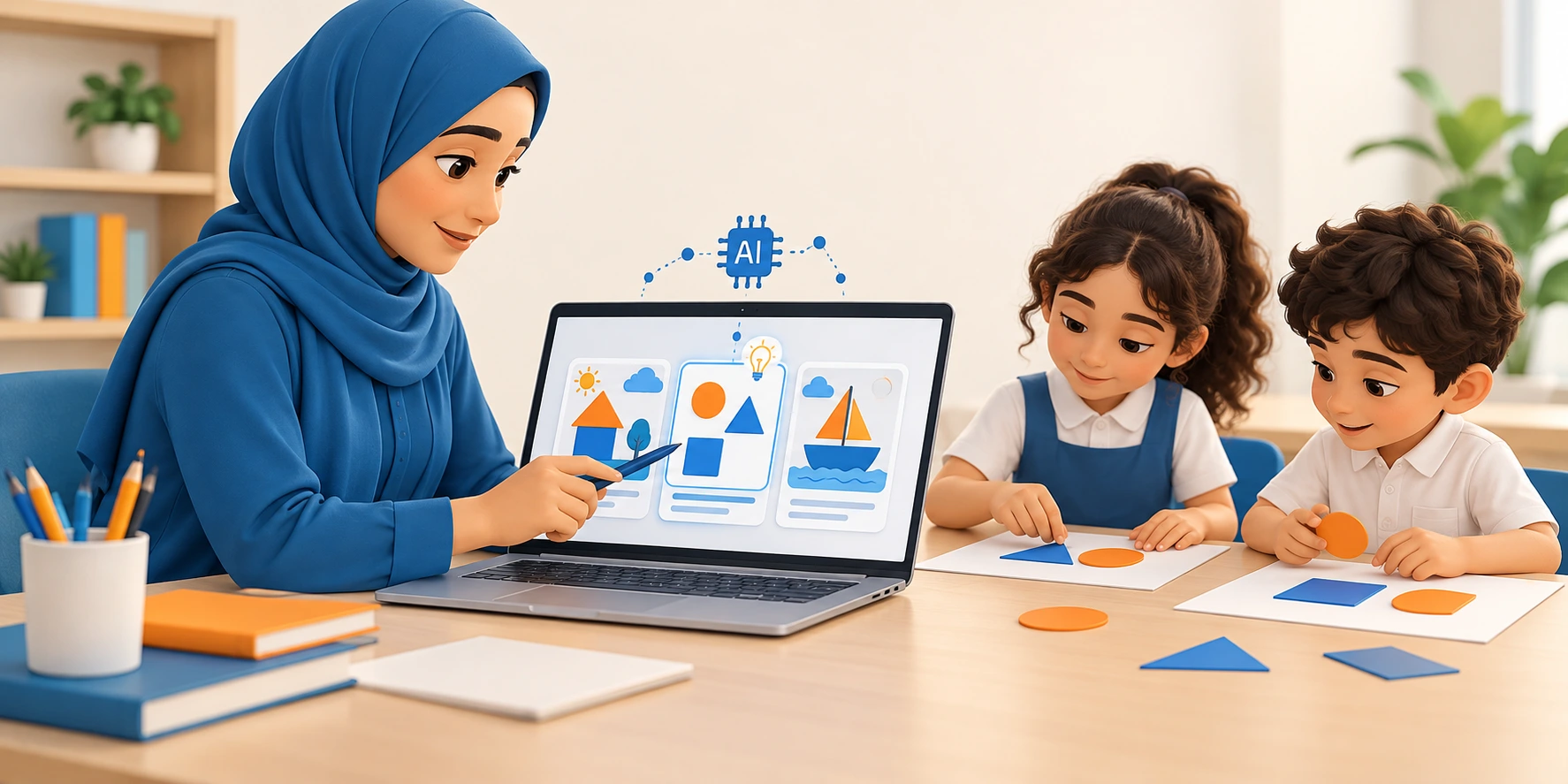 معلمة تختار نشاطًا مقترحًا بالذكاء الاصطناعي وطلاب يطبقونه باستخدام الأشكال