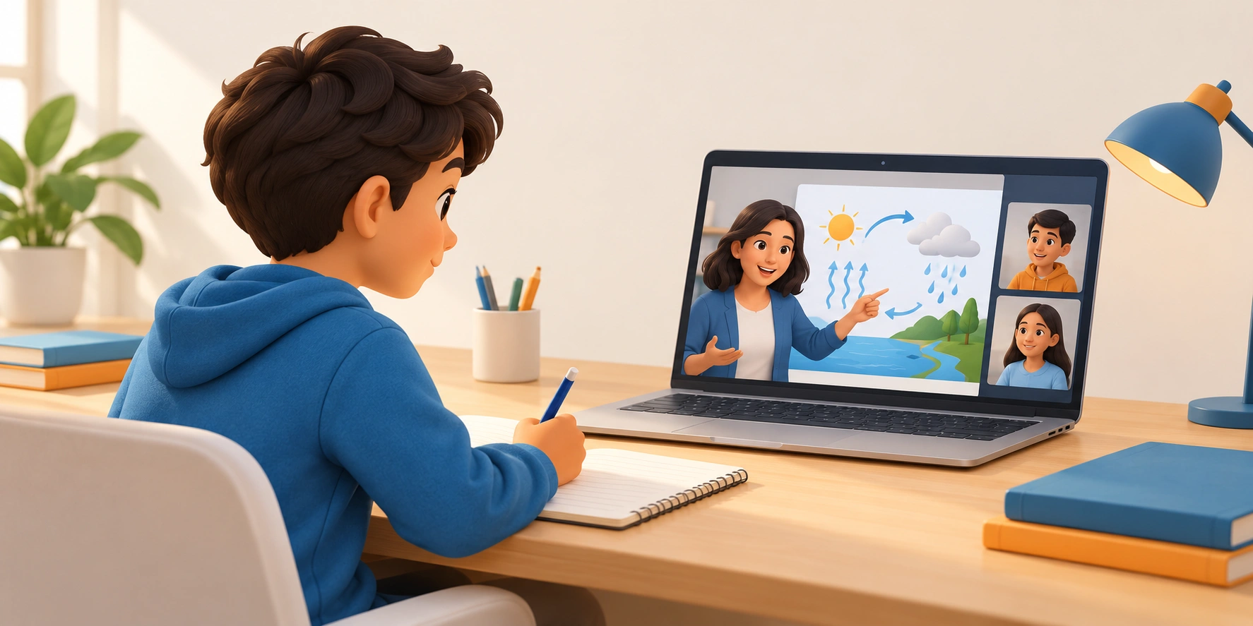 طالب يدوّن إجابته أثناء حصة تعليم عن بُعد مع معلمة تشرح دورة الماء