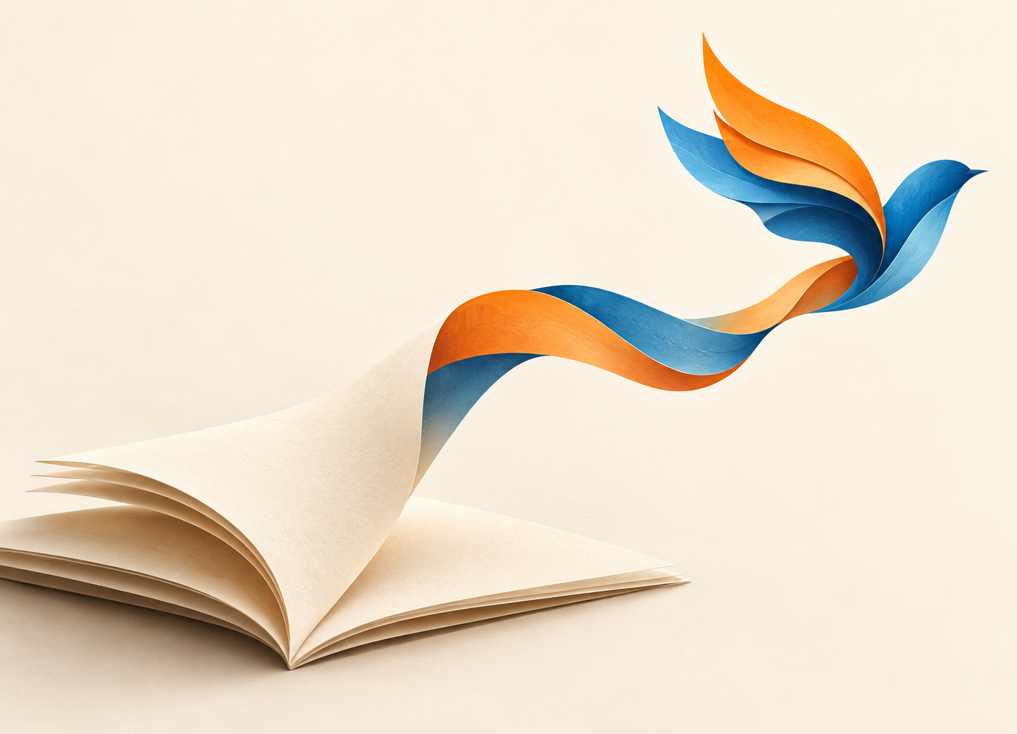 صفحات كتاب مفتوح تتحول إلى طائر بألوان برتقالية وزرقاء، تعبيرًا عن تحوّل الفكرة إلى نص إبداعي مؤثر.