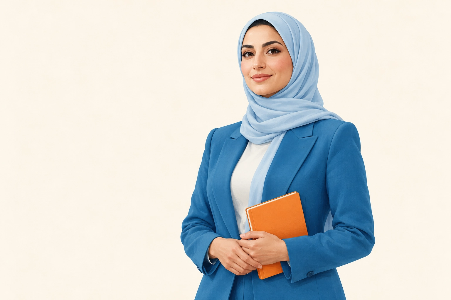 امرأة بحجاب وبدلة زرقاء تحمل دفترًا برتقاليًا، بخلفية فاتحة تعكس الثقة والحضور المهني.