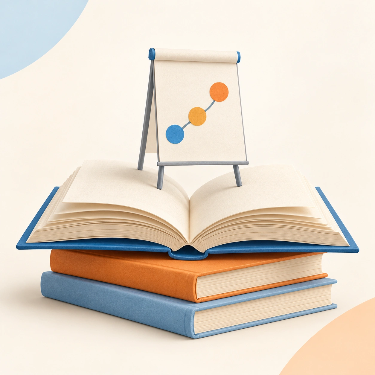 كتاب مفتوح فوق كتابين بالأزرق والبرتقالي، تعلوه لوحة تدريب ترمز إلى تطوير مهارات المدربين من خلال القراءة والتطبيق.